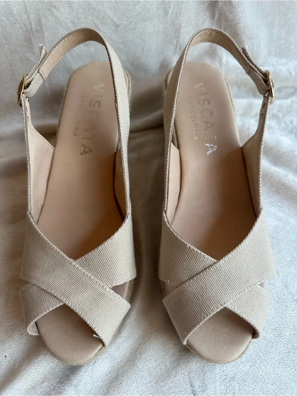 VISCATA Beige Canvas Espadrille Slingback Wedge Sandals
